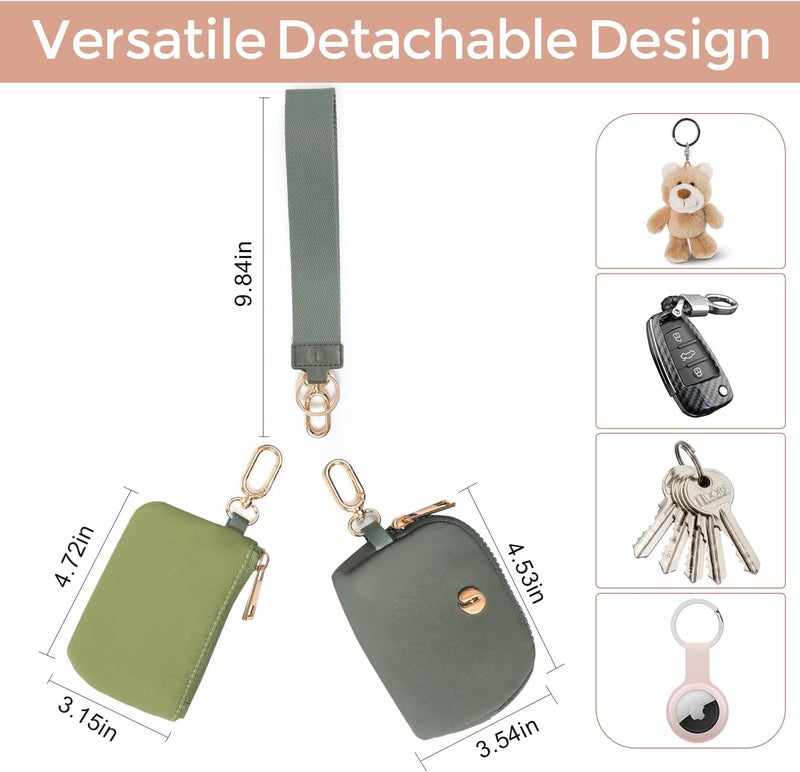 JEEBURYEE Dual Pouch Wristlet Keychain Wallets for Women with 2 Detachable Zipper Coin Purse - Small and Portable Mini Card Wallet for Women Men Gold Hardware Green+Dark Green - Image 2